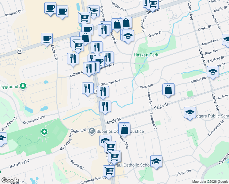 map of restaurants, bars, coffee shops, grocery stores, and more near 54 Lewis Drive in Newmarket