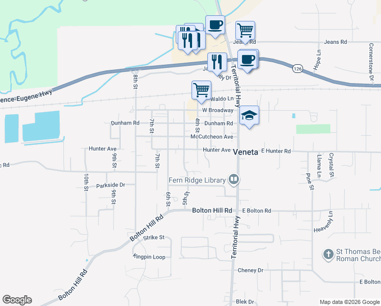 map of restaurants, bars, coffee shops, grocery stores, and more near 24960 Hunter Avenue in Veneta