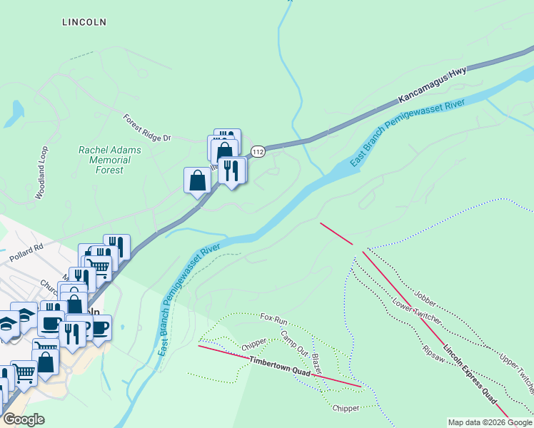 map of restaurants, bars, coffee shops, grocery stores, and more near 36 Lodge Road in Lincoln