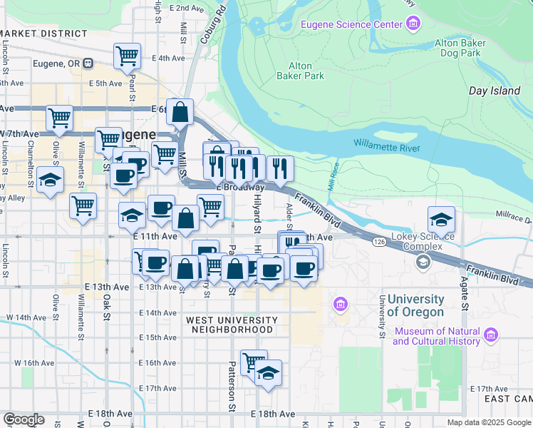 map of restaurants, bars, coffee shops, grocery stores, and more near 1021 Hilyard Street in Eugene