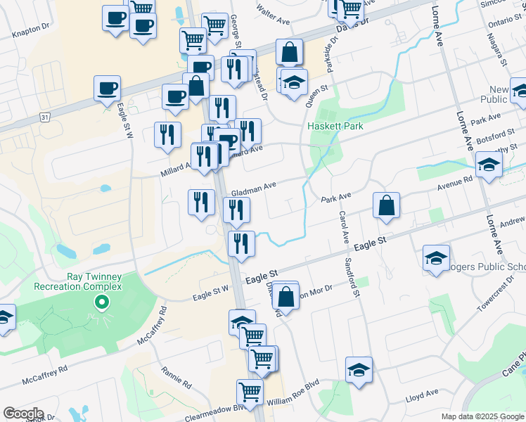 map of restaurants, bars, coffee shops, grocery stores, and more near 54 Lewis Drive in Newmarket