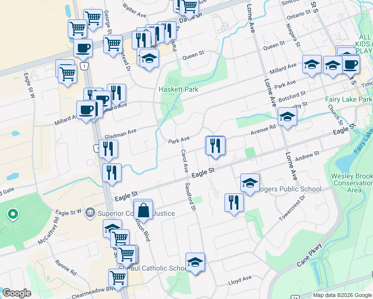 map of restaurants, bars, coffee shops, grocery stores, and more near 155 Avenue Road in Newmarket