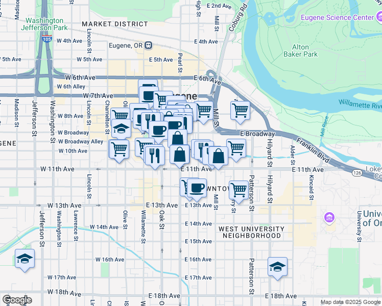 map of restaurants, bars, coffee shops, grocery stores, and more near 257 East 10th Avenue in Eugene