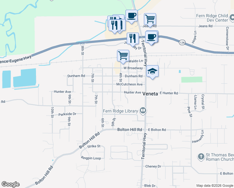 map of restaurants, bars, coffee shops, grocery stores, and more near 24960 Hunter Avenue in Veneta