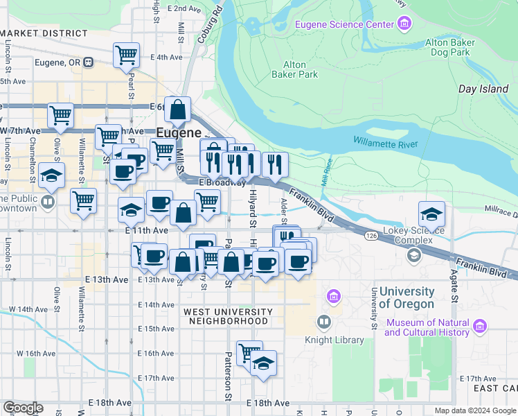 map of restaurants, bars, coffee shops, grocery stores, and more near 1021 Hilyard Street in Eugene