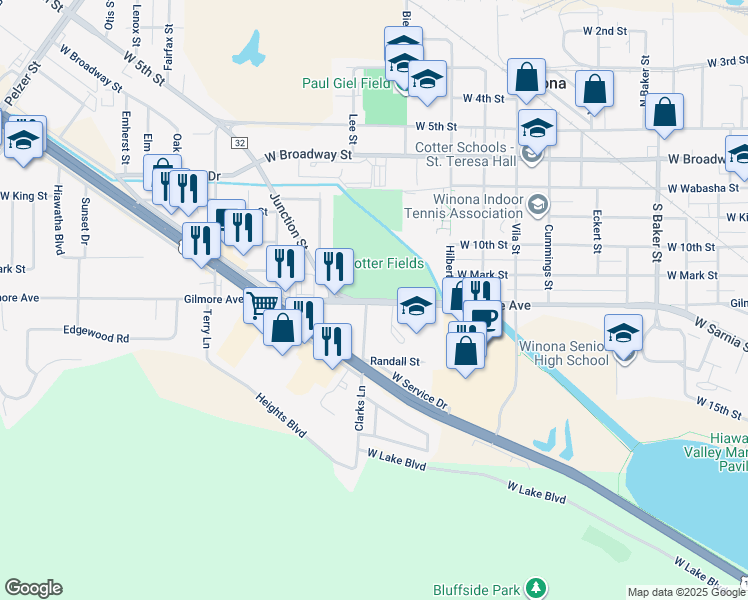 map of restaurants, bars, coffee shops, grocery stores, and more near 1388 Gilmore Avenue in Winona