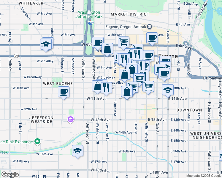 map of restaurants, bars, coffee shops, grocery stores, and more near 303 West 10th Avenue in Eugene