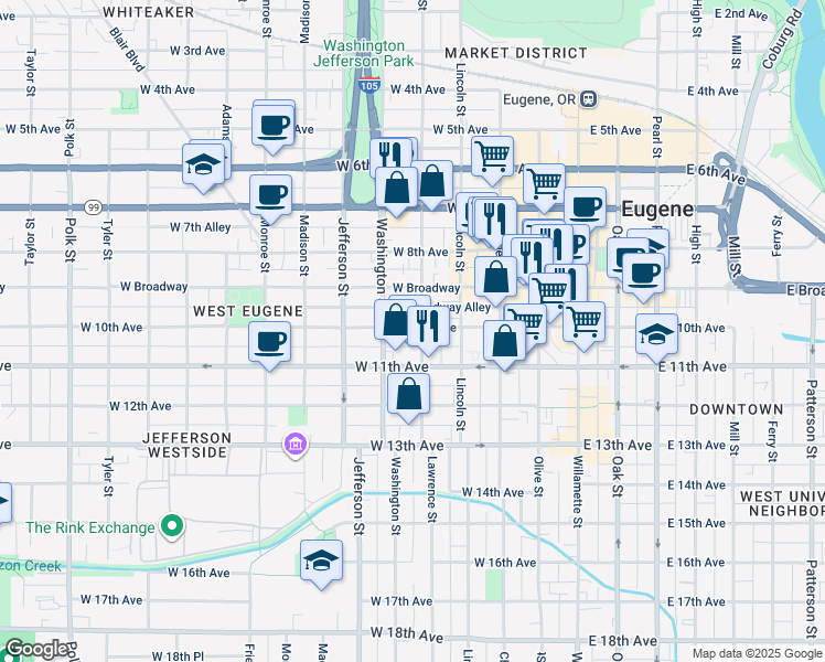 map of restaurants, bars, coffee shops, grocery stores, and more near 988 Lawrence Street in Eugene