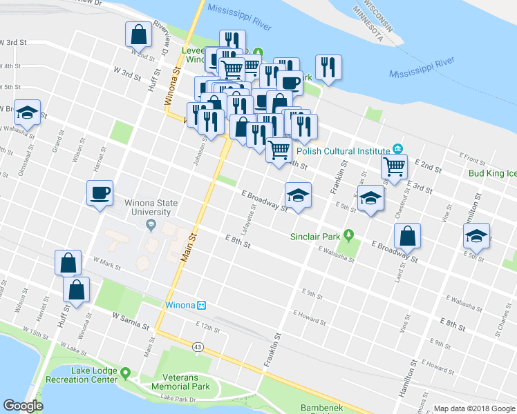 map of restaurants, bars, coffee shops, grocery stores, and more near 101 East Broadway Street in Winona