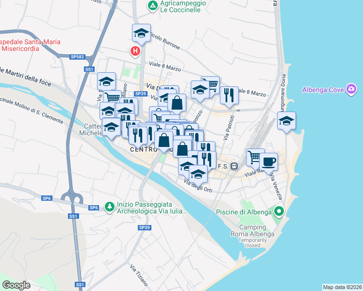 map of restaurants, bars, coffee shops, grocery stores, and more near 37 Via dei Mille in Albenga