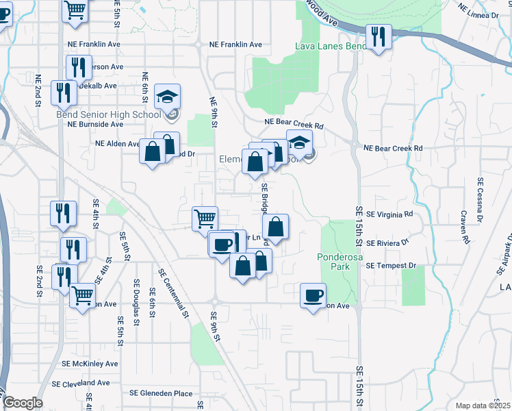 map of restaurants, bars, coffee shops, grocery stores, and more near 109 Southeast Bridgeford Boulevard in Bend
