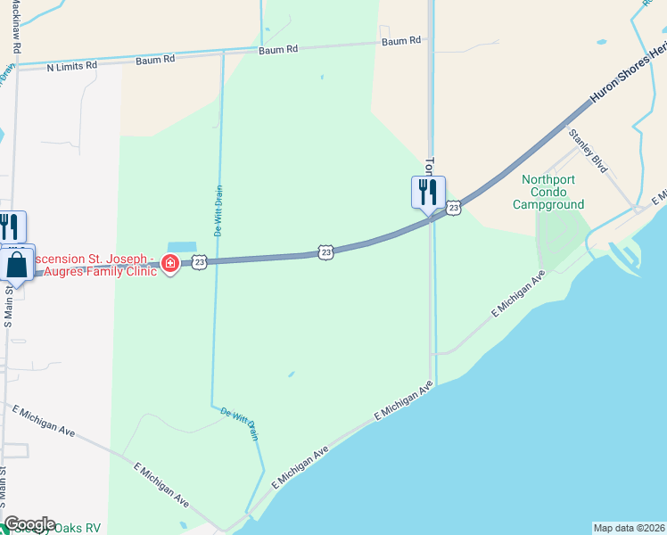 map of restaurants, bars, coffee shops, grocery stores, and more near 3440-3472 East Huron Avenue in Au Gres