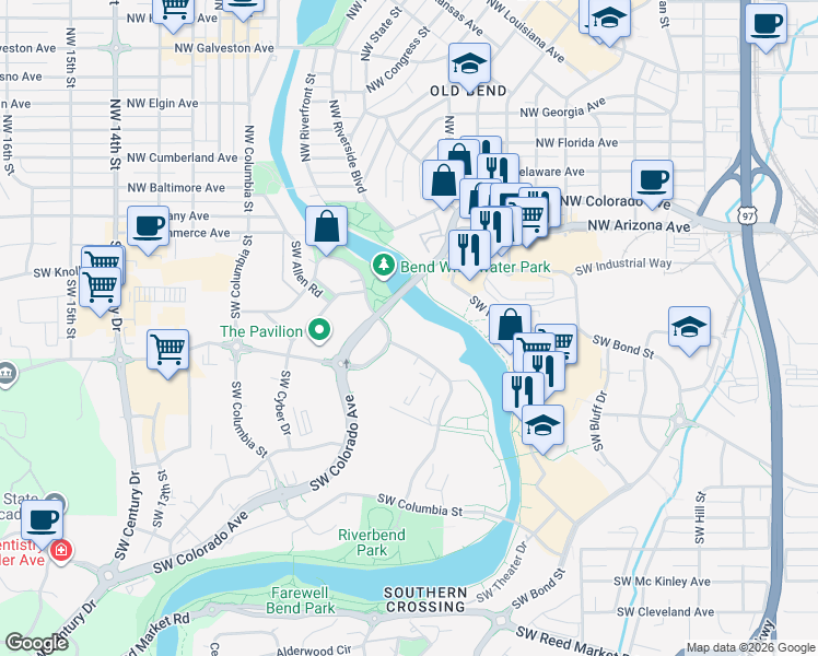 map of restaurants, bars, coffee shops, grocery stores, and more near 266 Southwest Shevlin Hixon Drive in Bend