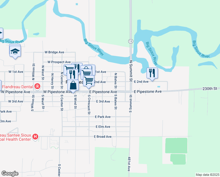map of restaurants, bars, coffee shops, grocery stores, and more near 101-199 North Prairie Street in Flandreau