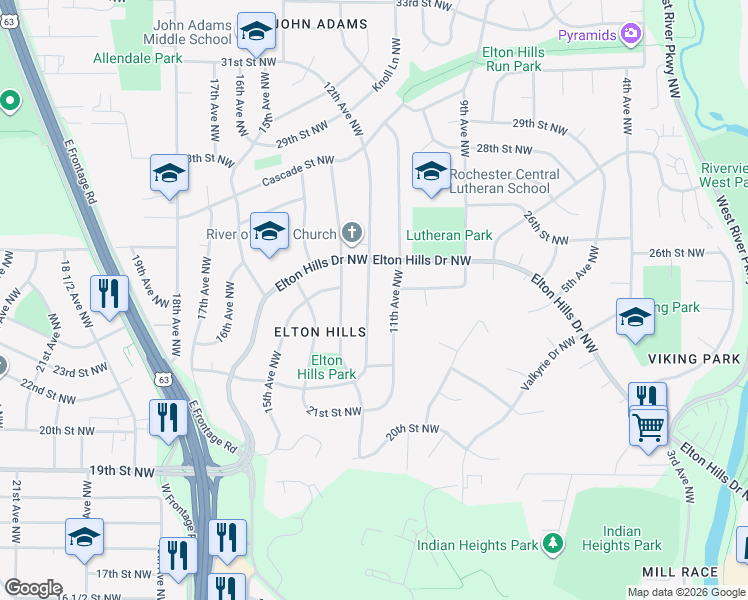 map of restaurants, bars, coffee shops, grocery stores, and more near 2409 12th Avenue Northwest in Rochester