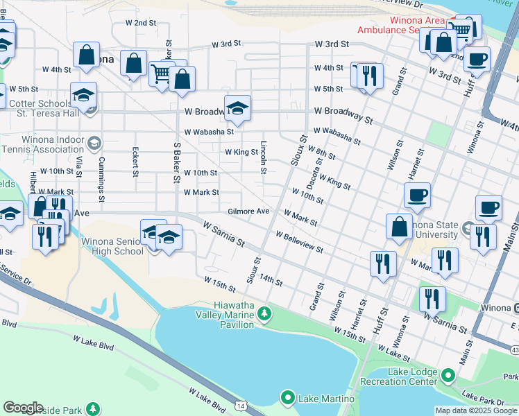 map of restaurants, bars, coffee shops, grocery stores, and more near 545 Lincoln Street in Winona
