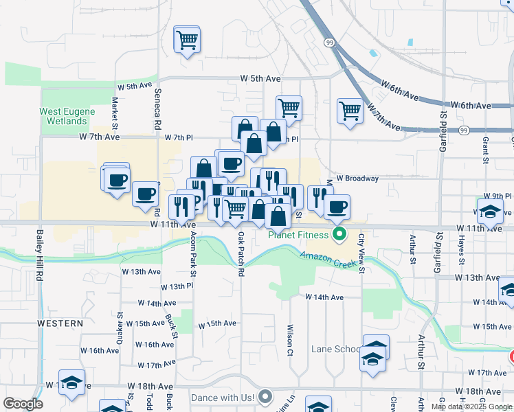 map of restaurants, bars, coffee shops, grocery stores, and more near 2620 West 10th Place in Eugene