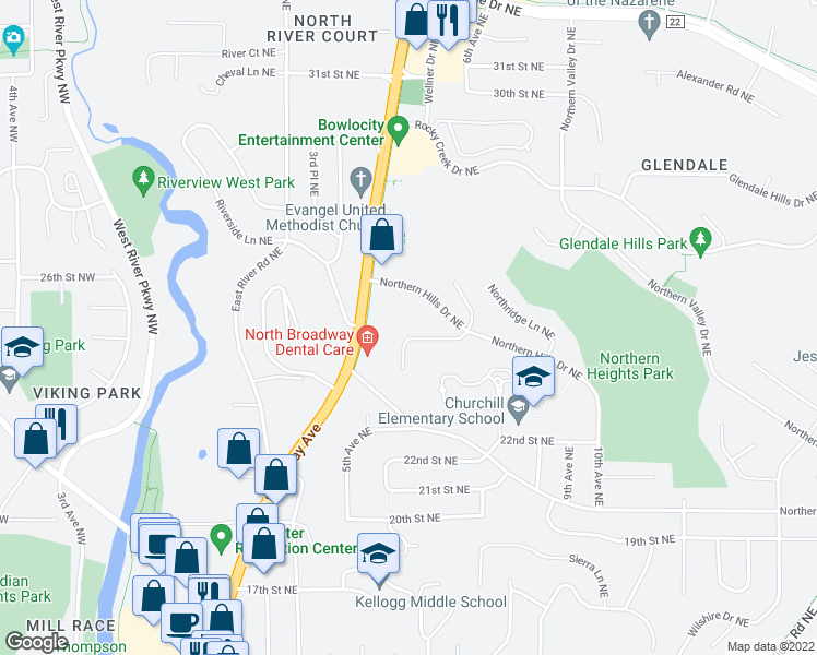 map of restaurants, bars, coffee shops, grocery stores, and more near 2415 Northern Hills Ct NE in Rochester
