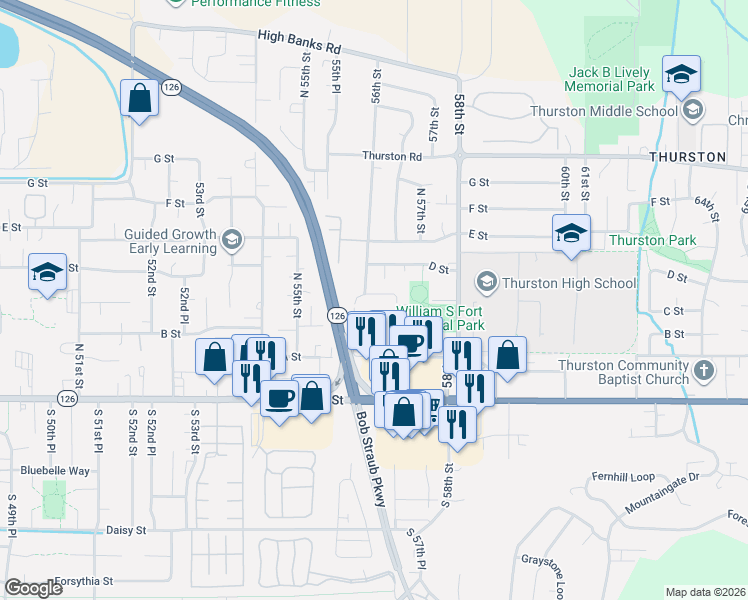 map of restaurants, bars, coffee shops, grocery stores, and more near 5638 C Street in Springfield