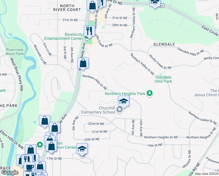 map of restaurants, bars, coffee shops, grocery stores, and more near 2510 Northern Hills Court Northeast in Rochester