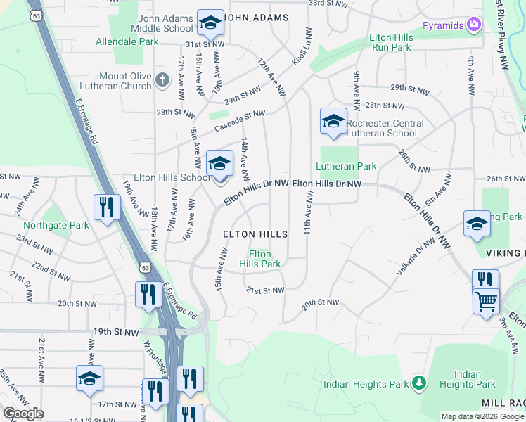 map of restaurants, bars, coffee shops, grocery stores, and more near 2358 15th Avenue Northwest in Rochester