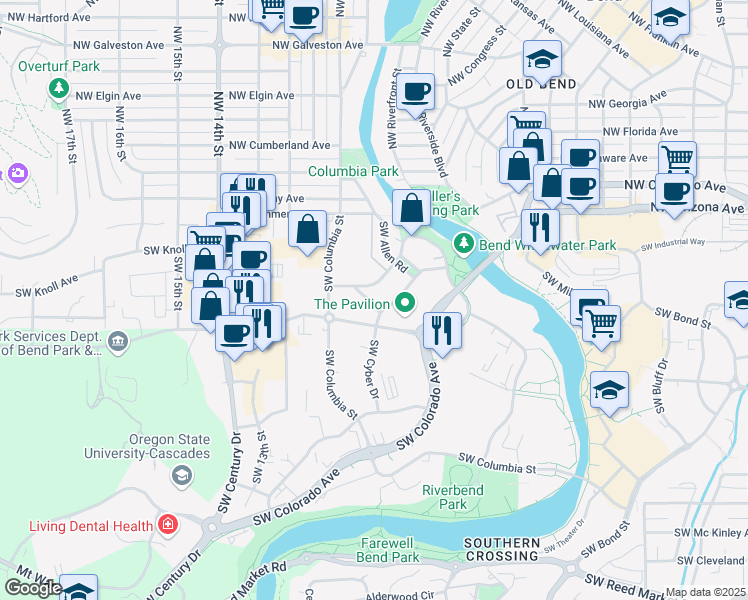 map of restaurants, bars, coffee shops, grocery stores, and more near 1000 Southwest Bradbury Drive in Bend