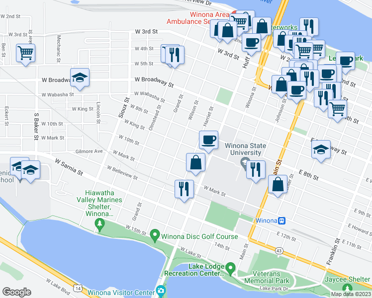 map of restaurants, bars, coffee shops, grocery stores, and more near 369 West King Street in Winona