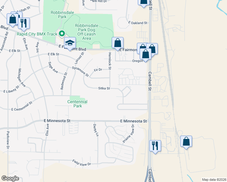 map of restaurants, bars, coffee shops, grocery stores, and more near 1209 Sitka Street in Rapid City