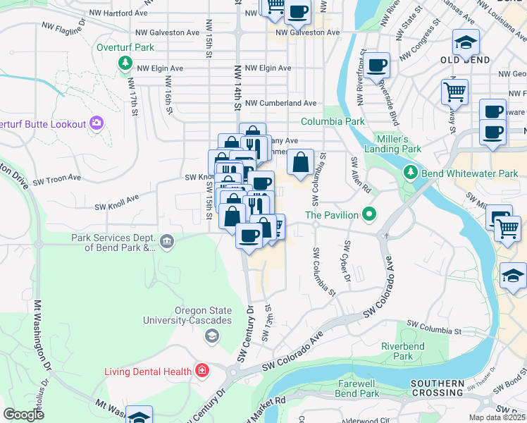 map of restaurants, bars, coffee shops, grocery stores, and more near 210 Southwest Century Drive in Bend