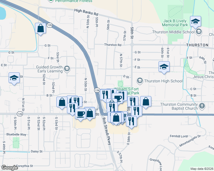 map of restaurants, bars, coffee shops, grocery stores, and more near 5638 C Street in Springfield