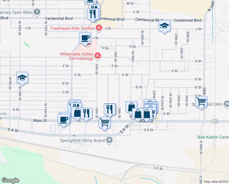 map of restaurants, bars, coffee shops, grocery stores, and more near 433 17th Street in Springfield