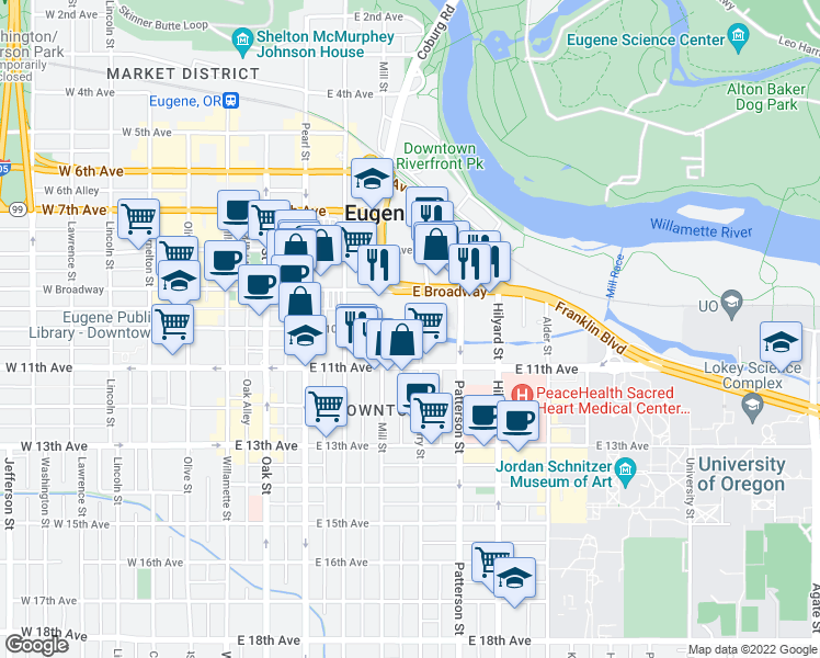 map of restaurants, bars, coffee shops, grocery stores, and more near 962 Ferry Lane in Eugene