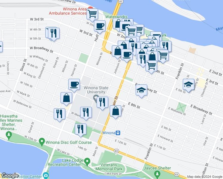 map of restaurants, bars, coffee shops, grocery stores, and more near 121 West Wabasha Street in Winona