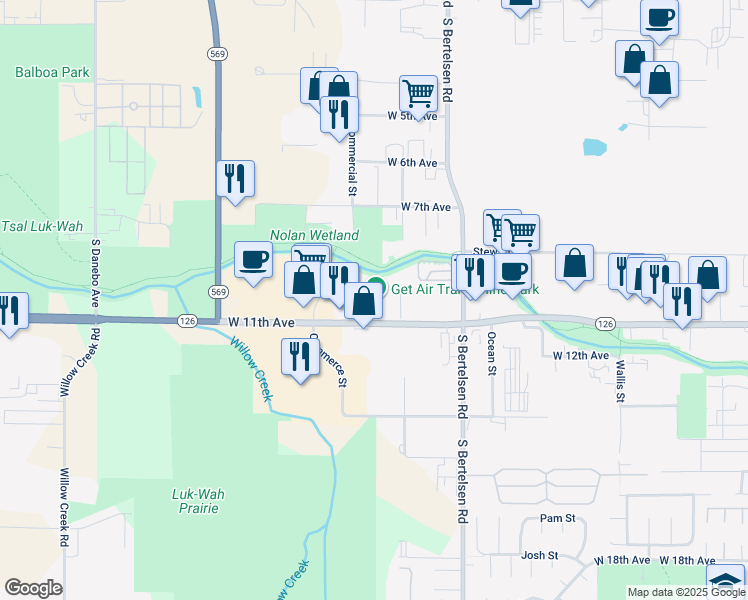 map of restaurants, bars, coffee shops, grocery stores, and more near 4225 Commerce Street in Eugene