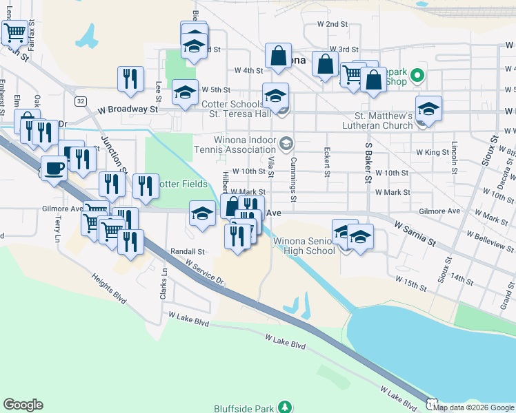 map of restaurants, bars, coffee shops, grocery stores, and more near 573 Vila Street in Winona