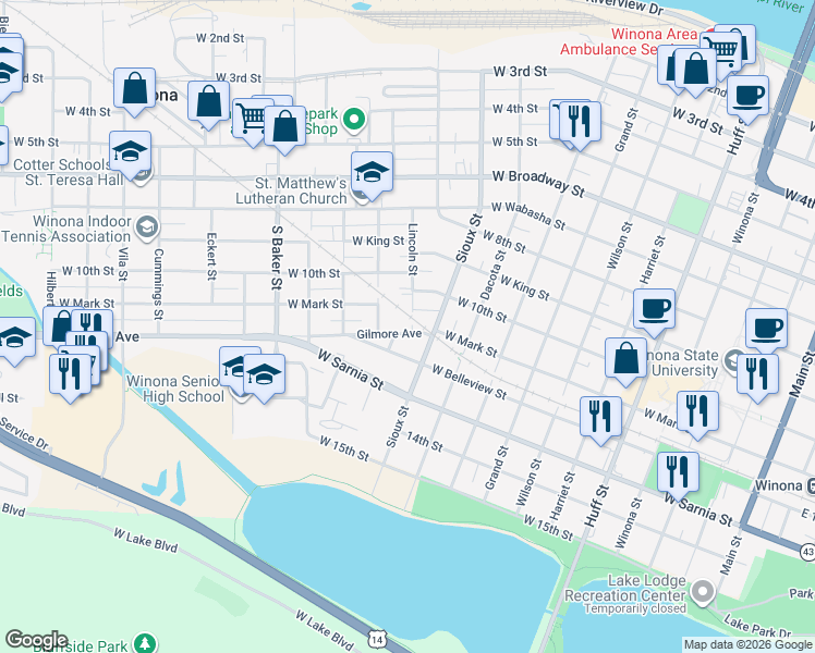 map of restaurants, bars, coffee shops, grocery stores, and more near 545 Lincoln Street in Winona