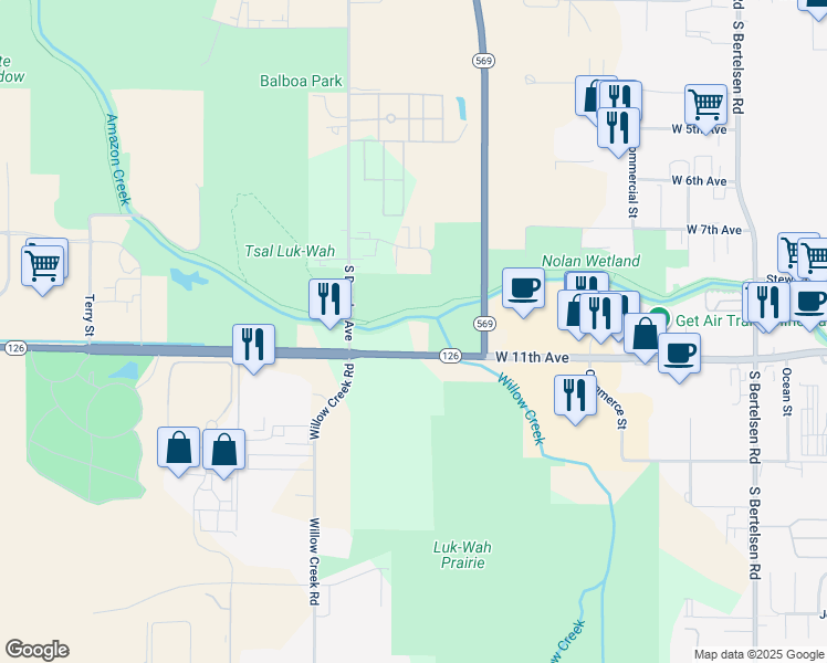 map of restaurants, bars, coffee shops, grocery stores, and more near Fern Ridge Trail in Eugene