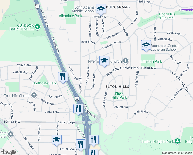 map of restaurants, bars, coffee shops, grocery stores, and more near 2405 15th Avenue Northwest in Rochester