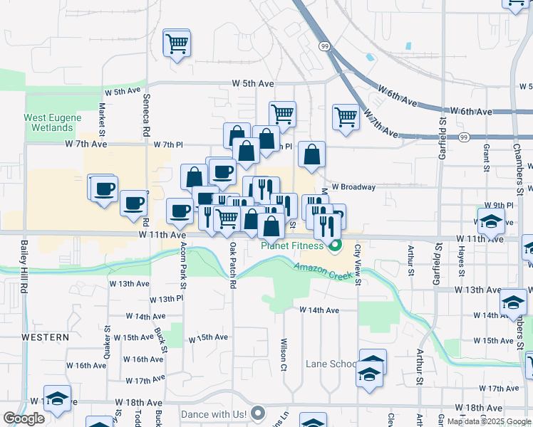 map of restaurants, bars, coffee shops, grocery stores, and more near 1025 Conger Street in Eugene