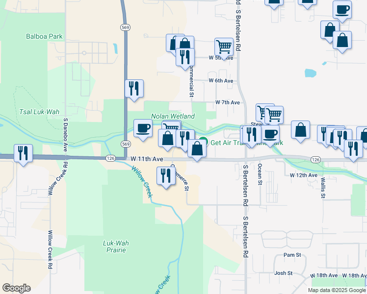 map of restaurants, bars, coffee shops, grocery stores, and more near 4242 Commerce Street in Eugene