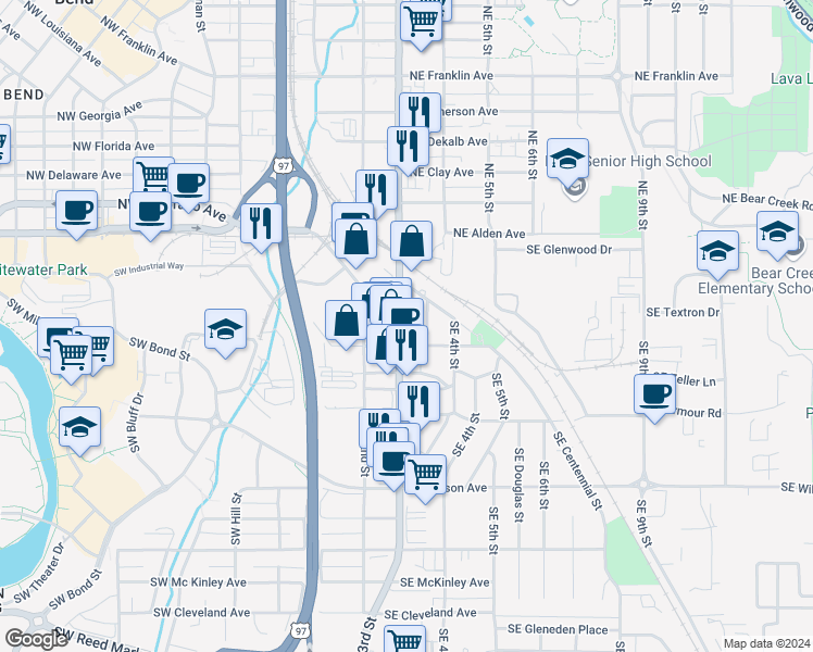 map of restaurants, bars, coffee shops, grocery stores, and more near 170 Southeast 3rd Street in Bend