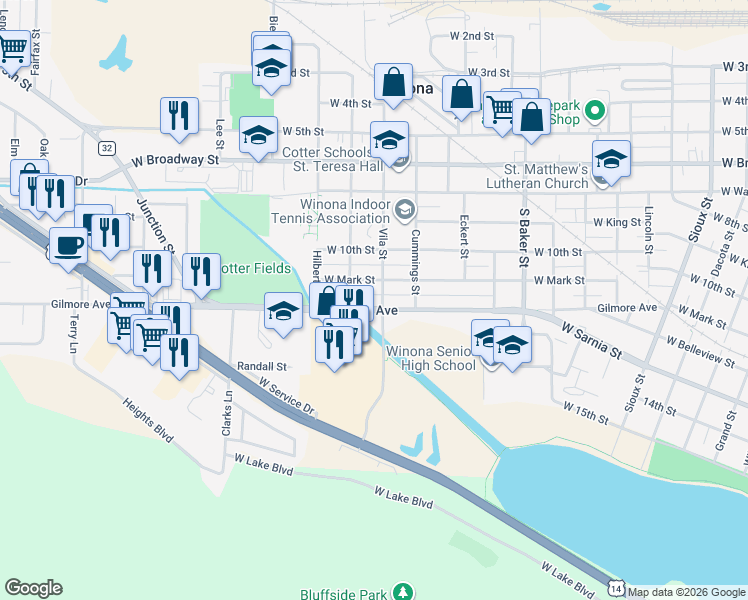 map of restaurants, bars, coffee shops, grocery stores, and more near 573 Vila Street in Winona