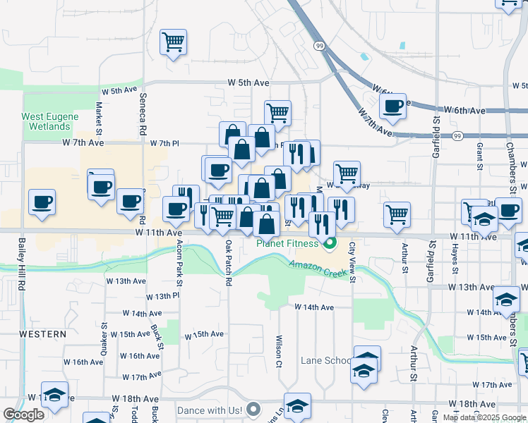 map of restaurants, bars, coffee shops, grocery stores, and more near 1025 Conger St in Eugene