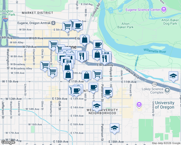 map of restaurants, bars, coffee shops, grocery stores, and more near 962 Ferry Lane in Eugene