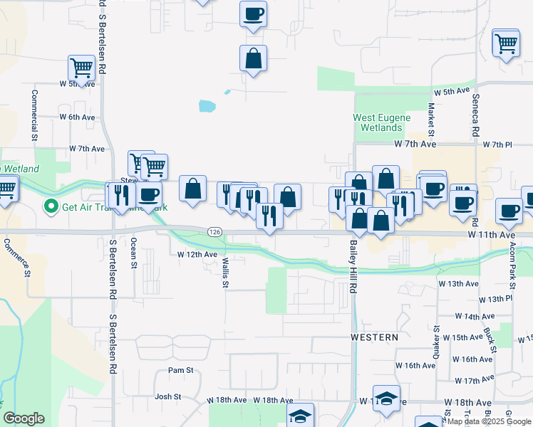 map of restaurants, bars, coffee shops, grocery stores, and more near 3843-3845 West 11th Avenue in Eugene