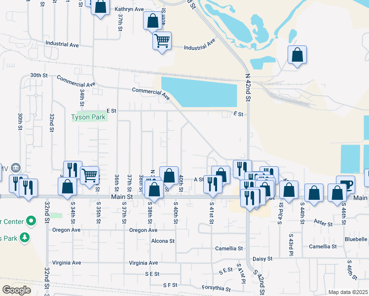 map of restaurants, bars, coffee shops, grocery stores, and more near 351 40th Street in Springfield