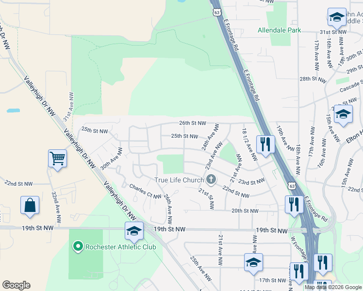 map of restaurants, bars, coffee shops, grocery stores, and more near 2505 24th Street Northwest in Rochester