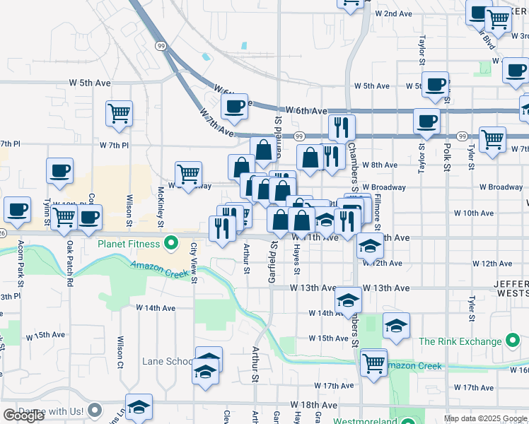 map of restaurants, bars, coffee shops, grocery stores, and more near 980 Oregon 126 in Eugene