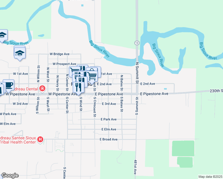 map of restaurants, bars, coffee shops, grocery stores, and more near 101 North Prairie Street in Flandreau