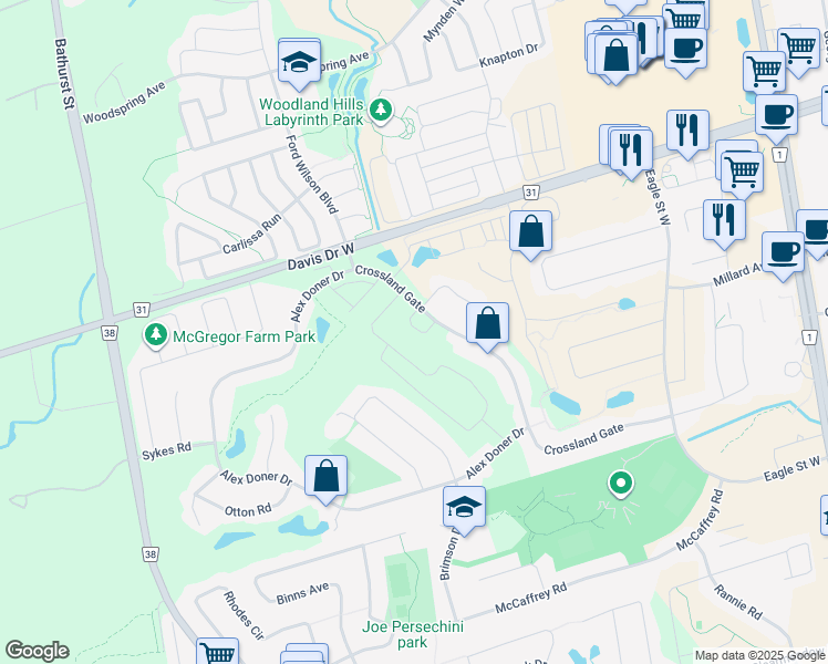 map of restaurants, bars, coffee shops, grocery stores, and more near 400 Crossland Gate in Newmarket